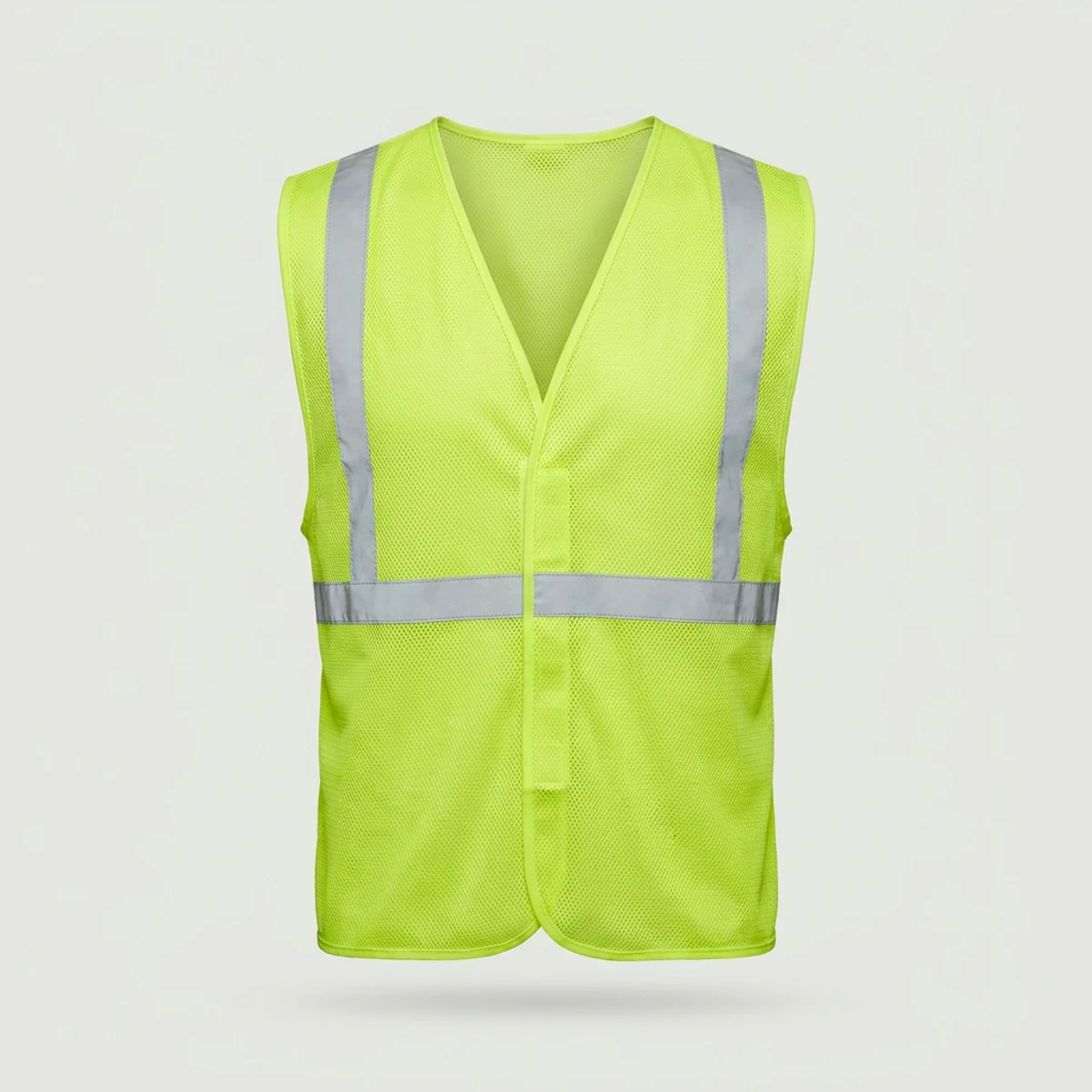 Fluorescent yellow-green mesh vest with narrow silver reflective bands and hook-and-loop closure