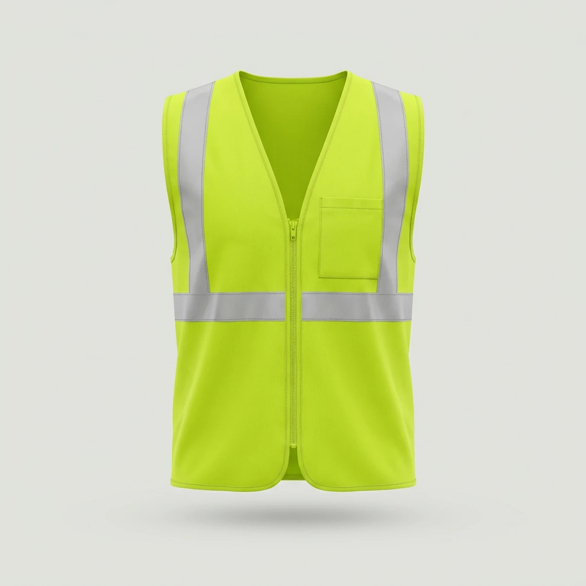 Fluorescent yellow-green solid polyester vest with zipper front and narrow reflective bands