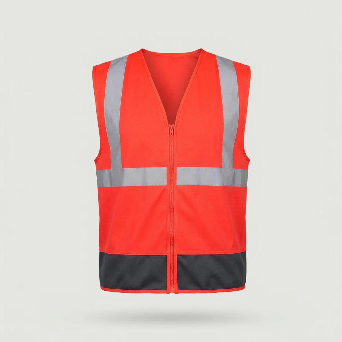 Fluorescent orange-red vest with a dark lower panel and narrow silver reflective bands