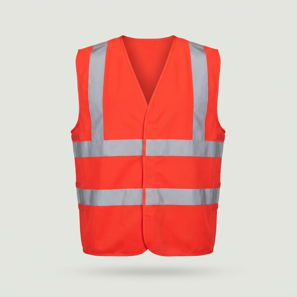 Fluorescent orange-red breakaway vest with hook-and-loop seams at shoulders and sides
