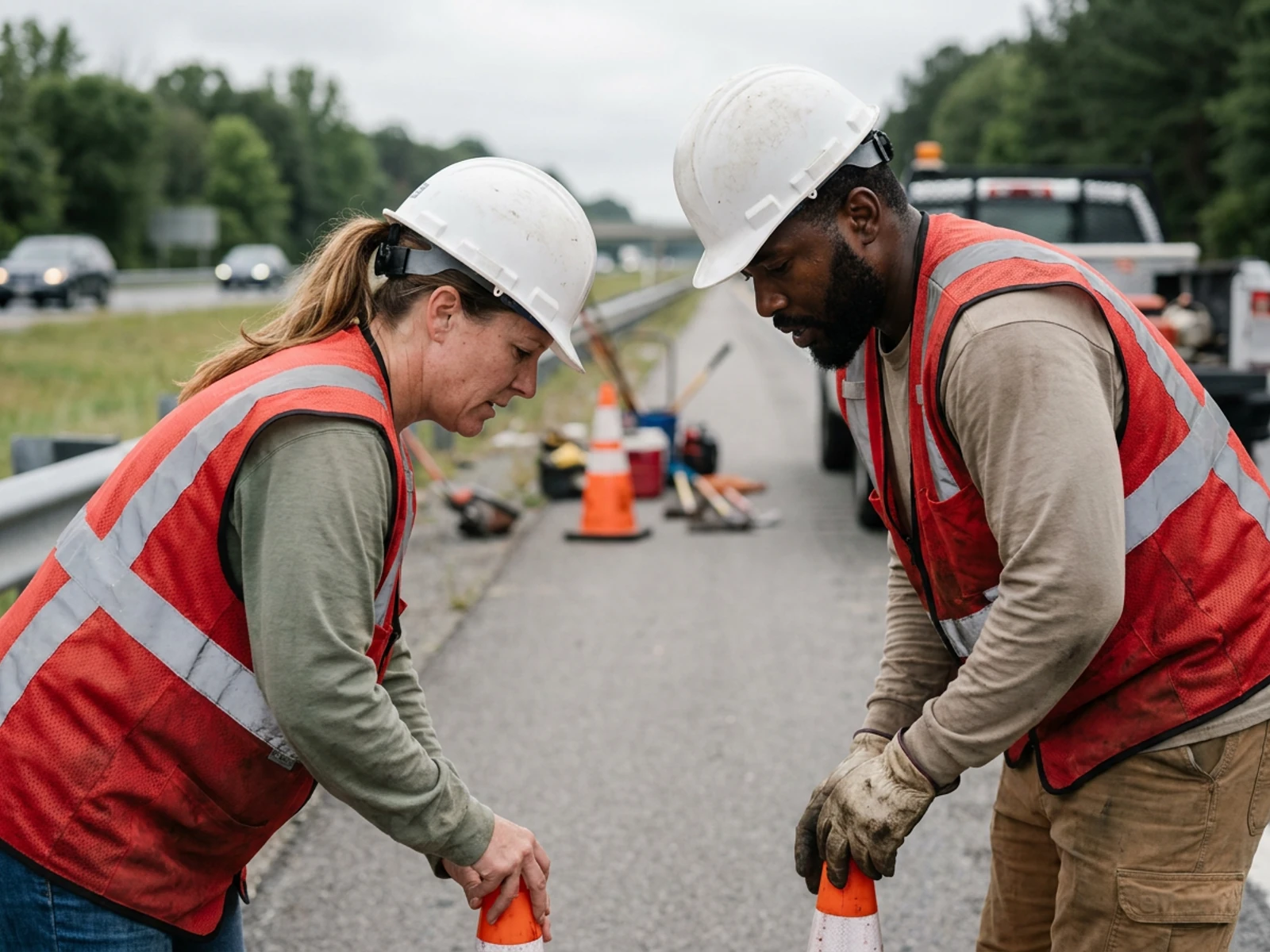 Two road workers in orange-red Class 2 style safety vests setting cones beside a highway lane