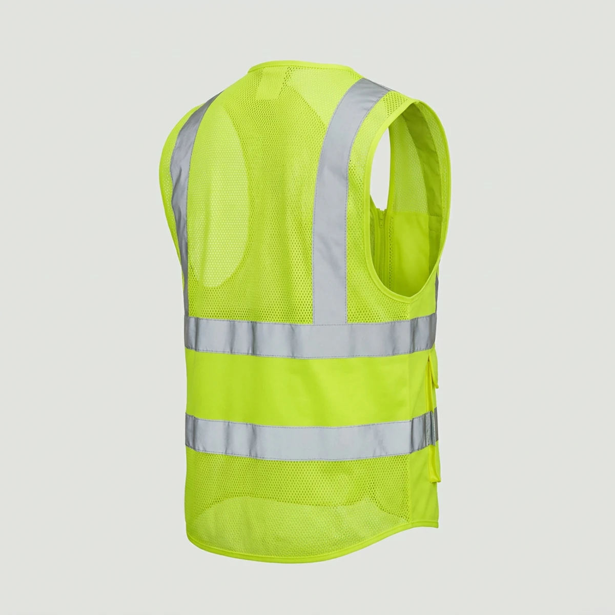 Yellow-green safety vest with a solid front, mesh back and wide reflective bands