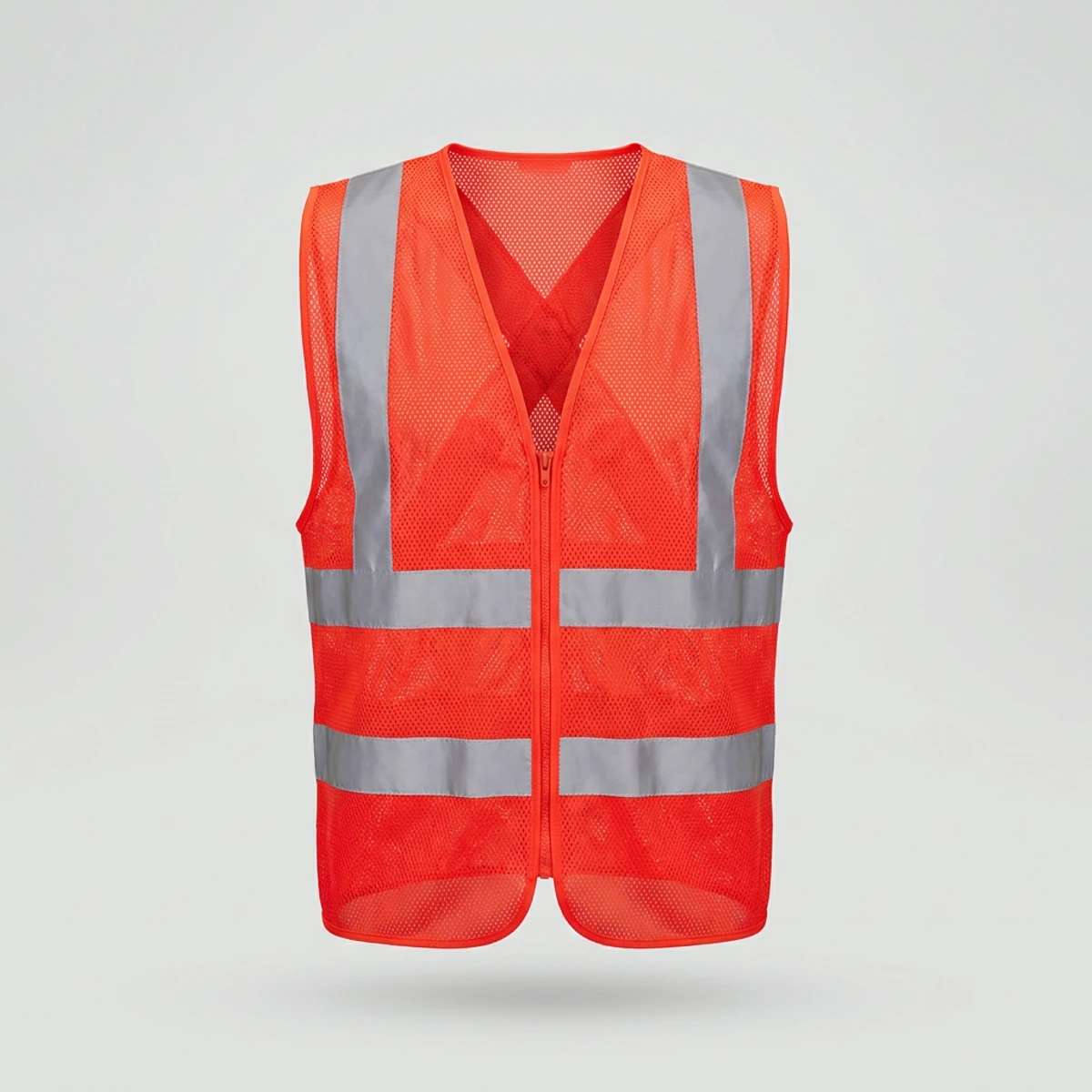 Fluorescent orange-red mesh vest with two wide silver reflective bands around the torso