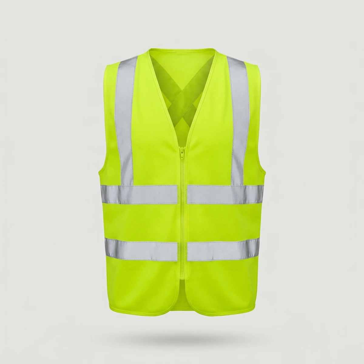 Fluorescent yellow-green Class 2 style vest with wide silver reflective bands and zipper