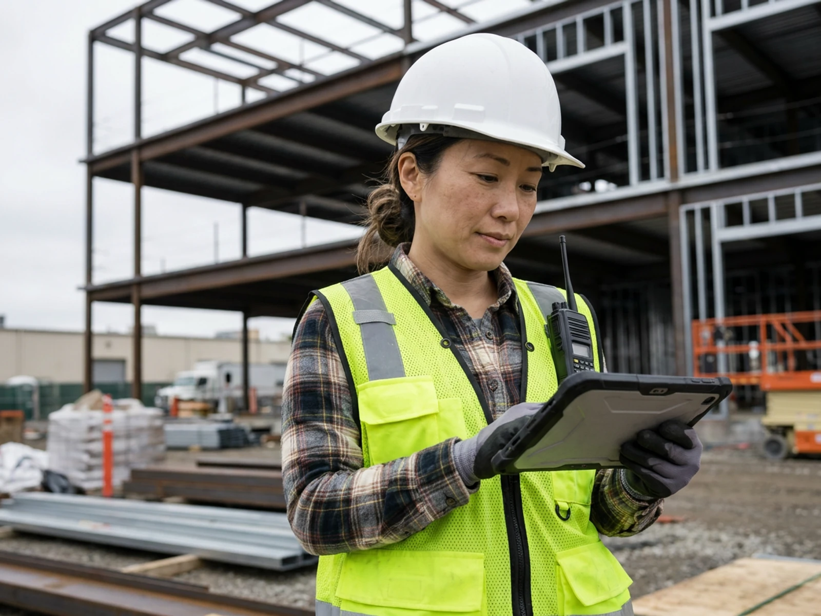 Site inspector in a yellow-green multi-pocket safety vest checking a tablet on a building site