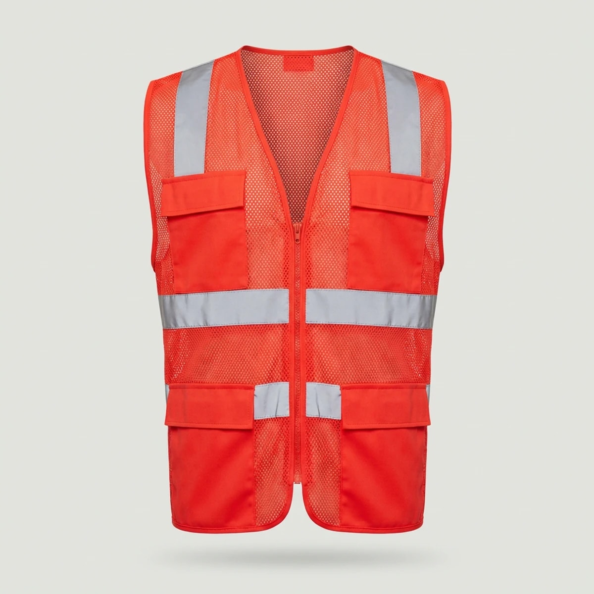 Fluorescent orange-red mesh vest with solid chest pockets and wide reflective bands