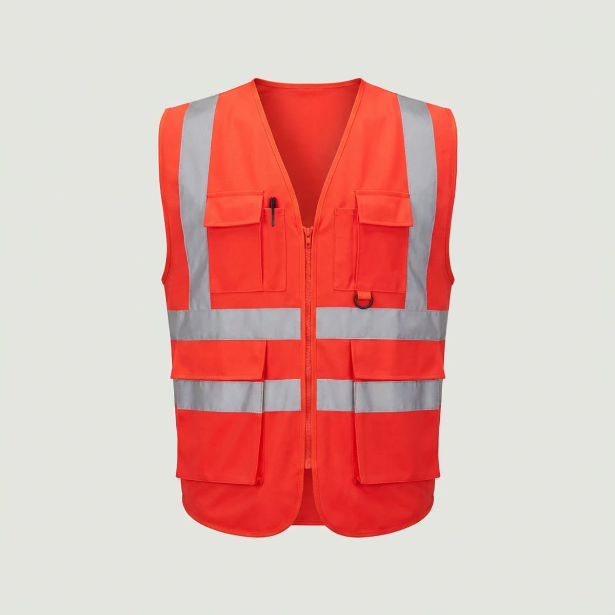 Fluorescent orange-red vest with several chest and lower pockets and silver reflective bands