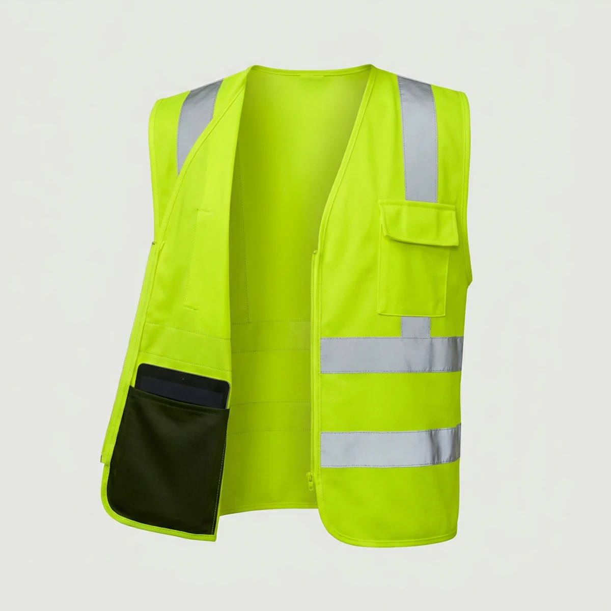 Open yellow-green safety vest showing a large inside pocket sized for a tablet