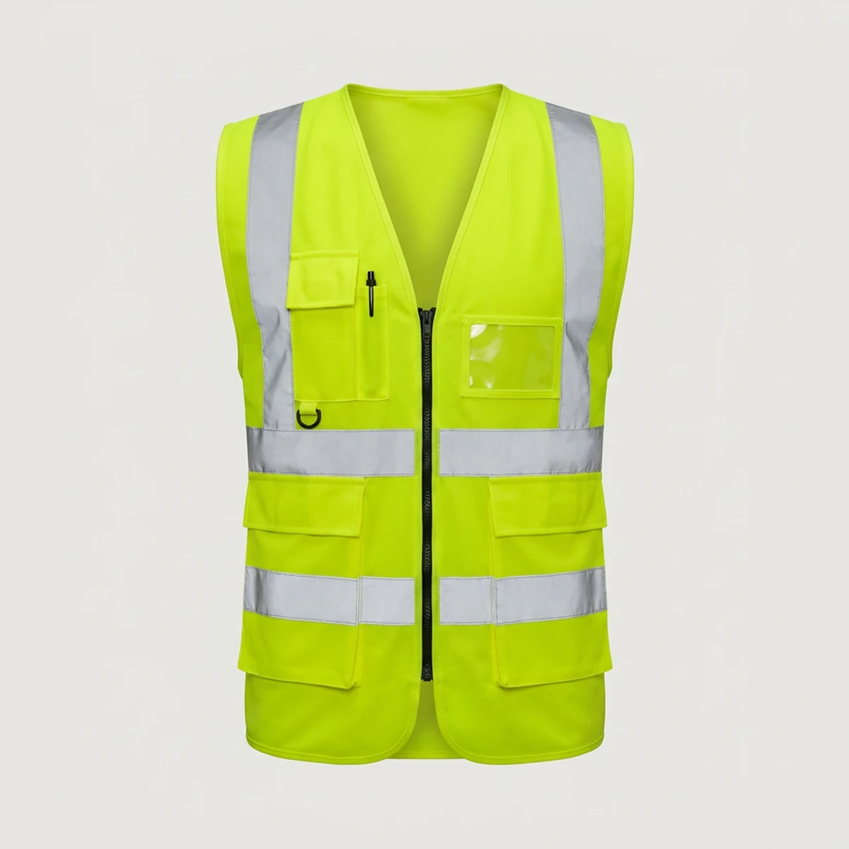 Fluorescent yellow-green vest with chest pockets, pen slots, radio loop and reflective bands