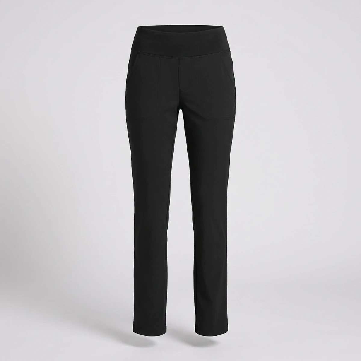 Black straight-leg scrub pants with wide knit yoga waistband
