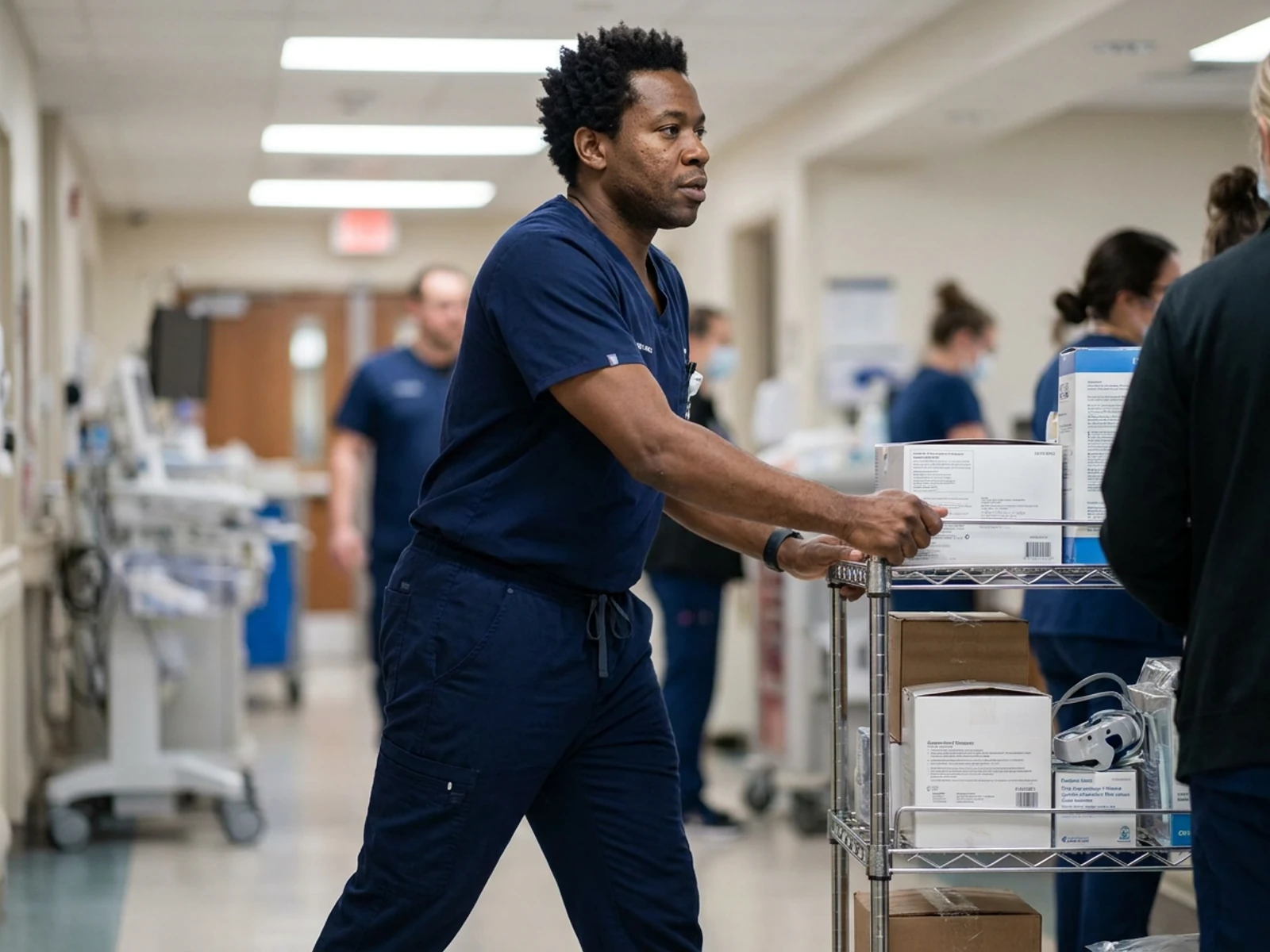 Male nurse in navy straight-leg scrub pants pushing a supply cart down a hospital corridor
