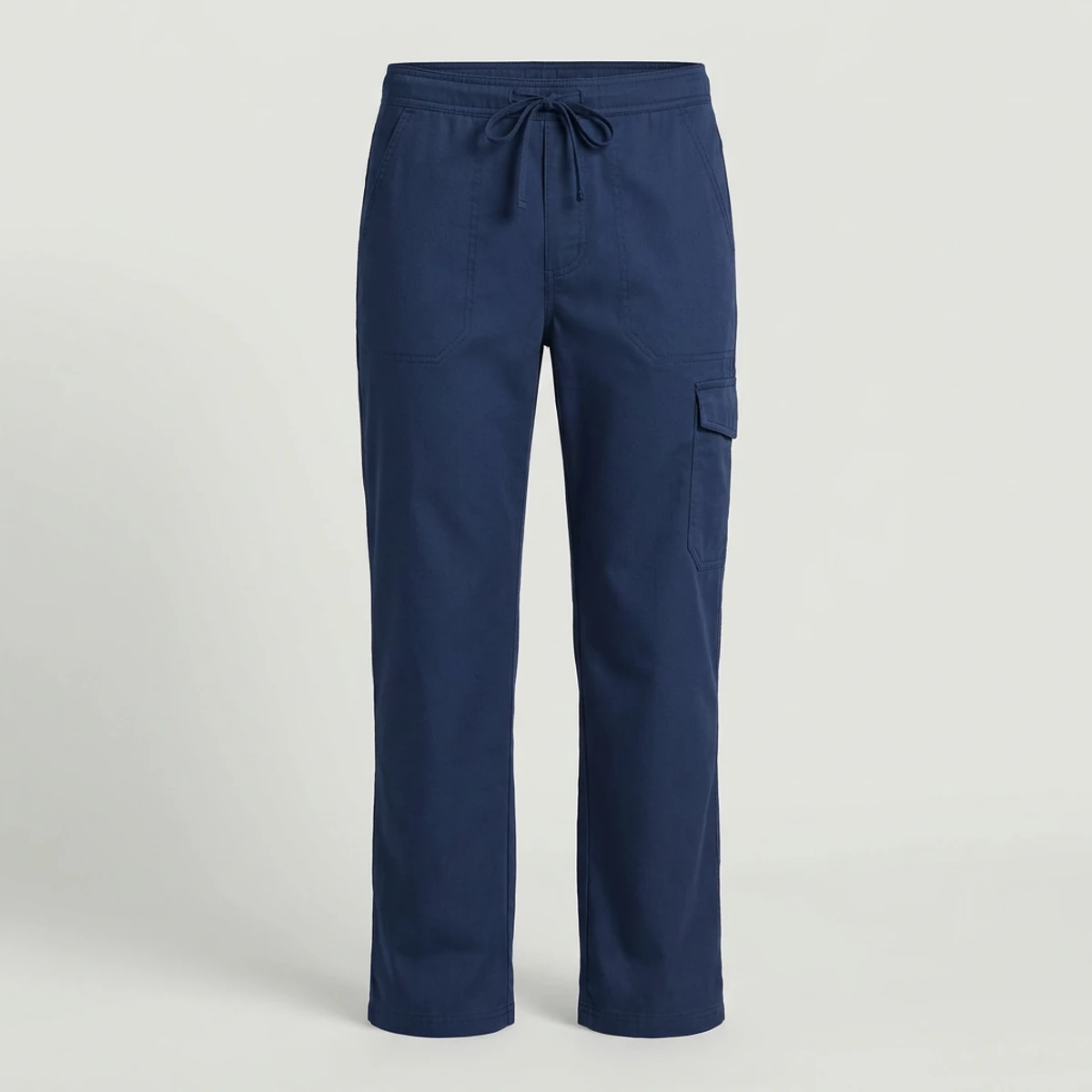 Navy straight-leg scrub pants with drawstring waist and cargo pocket