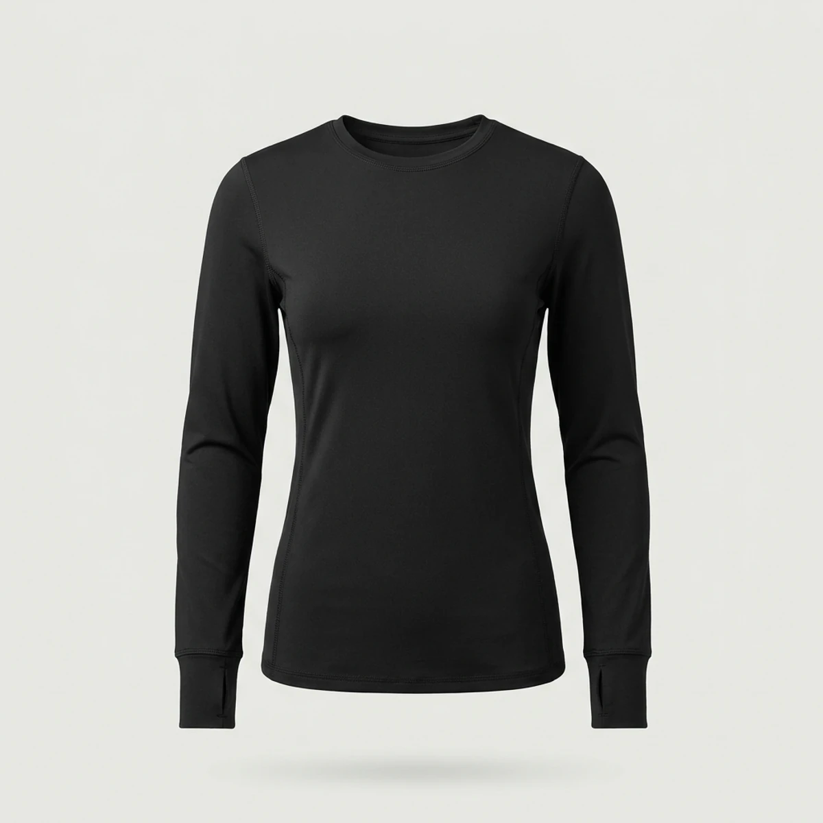 Black long-sleeve underscrub with crew neck, flatlock seams and thumbholes