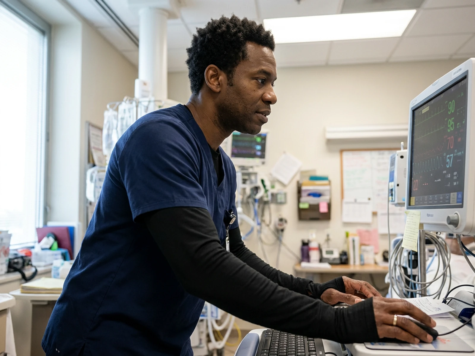 Nurse wearing a black long-sleeve underscrub under a scrub top checking a patient monitor