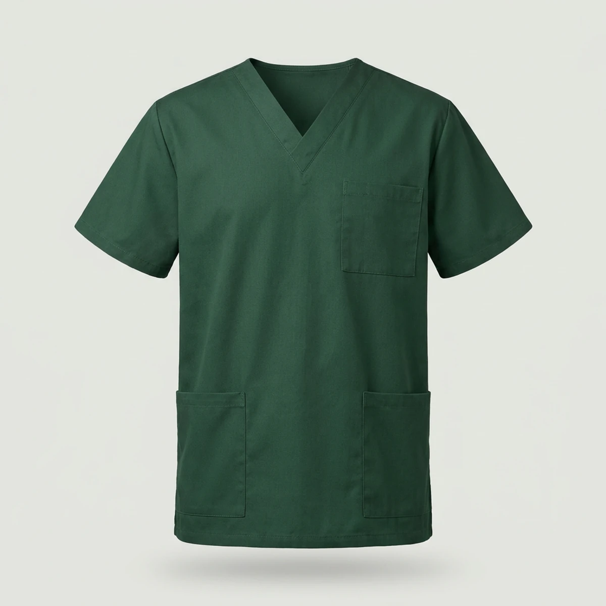 Hunter green men's V-neck scrub top cut wider through shoulders with longer body