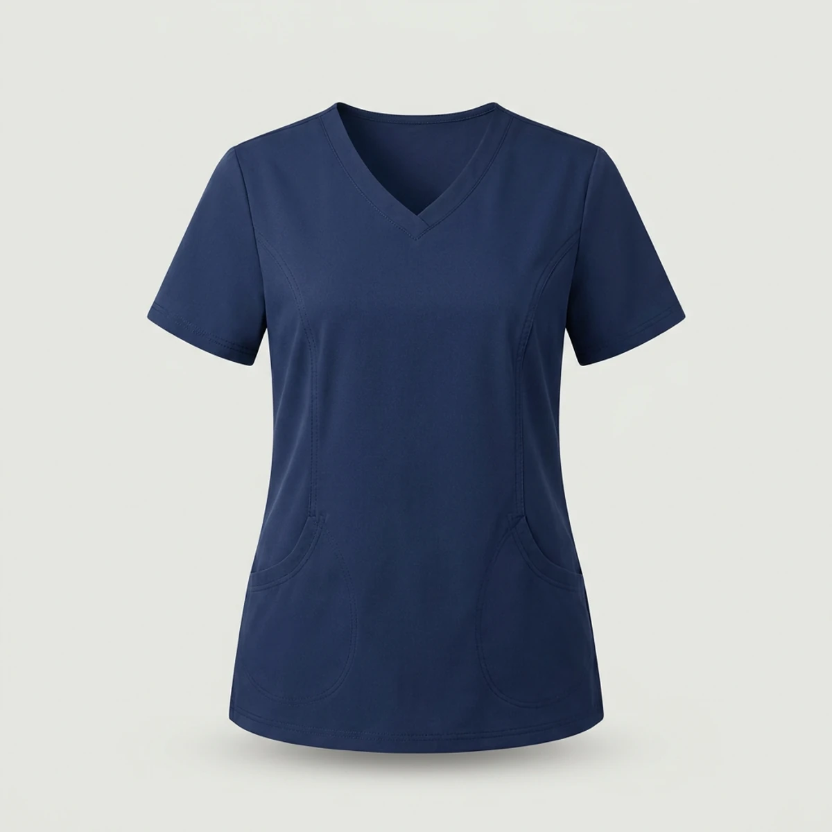 Navy women's fit V-neck scrub top with princess seams and curved patch pockets