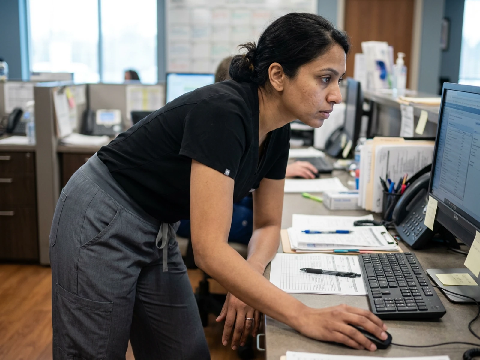 Medical assistant in pewter wide leg scrub pants reviewing a chart at a clinic workstation