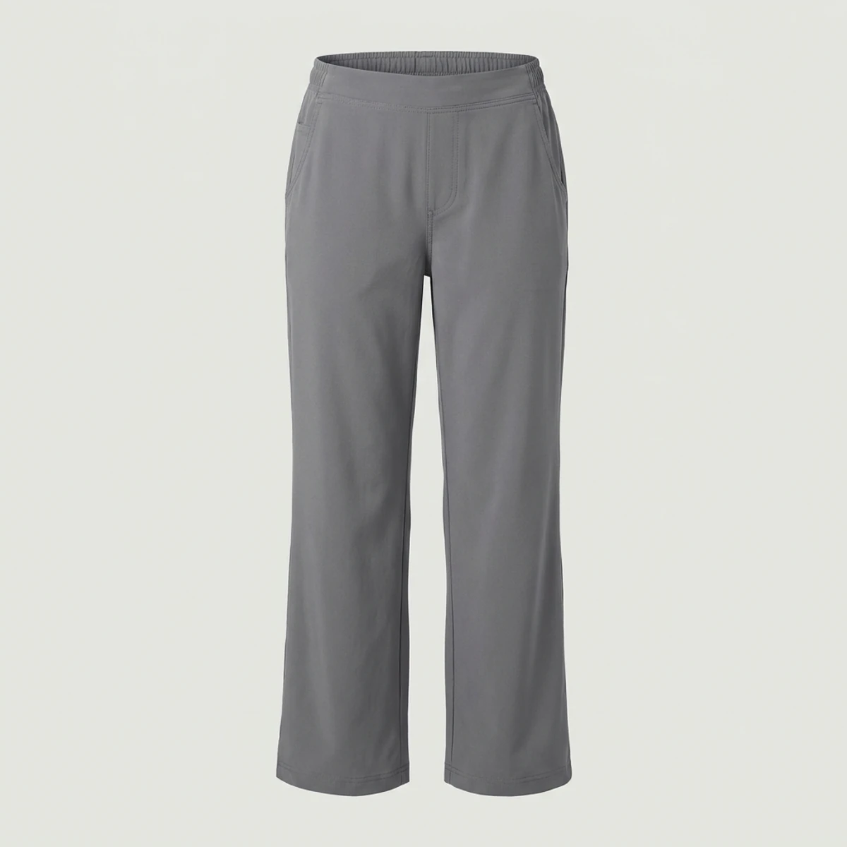 Pewter grey wide leg scrub pants with flat front and elastic back