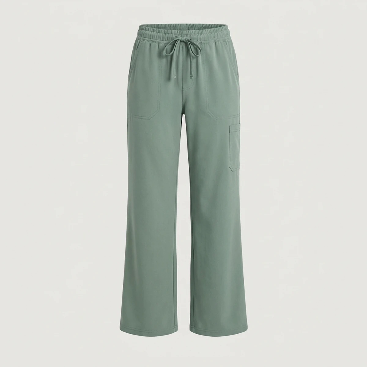 Sage green wide leg scrub pants with drawcord waist and patch pockets