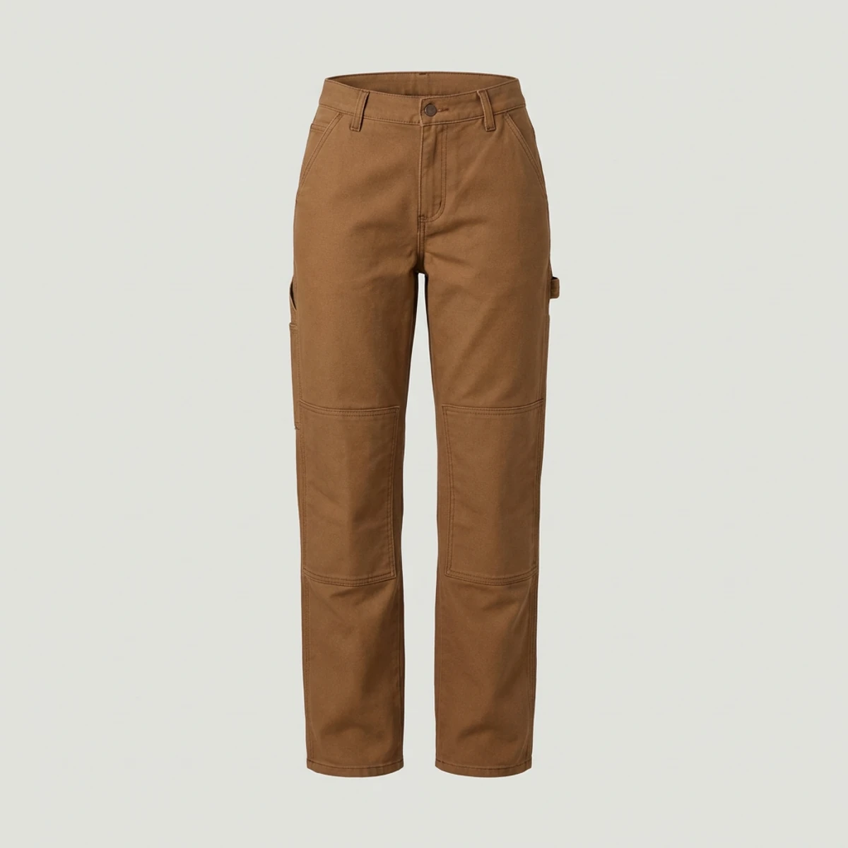 Brown women's double-knee utility work pants with hammer loop and tool pocket
