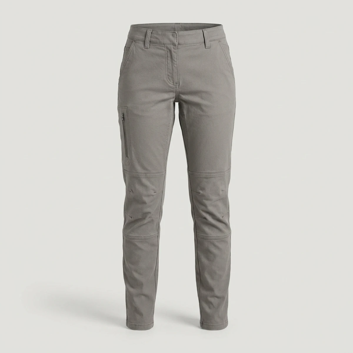 Grey women's stretch utility work pants with articulated knees and gusset