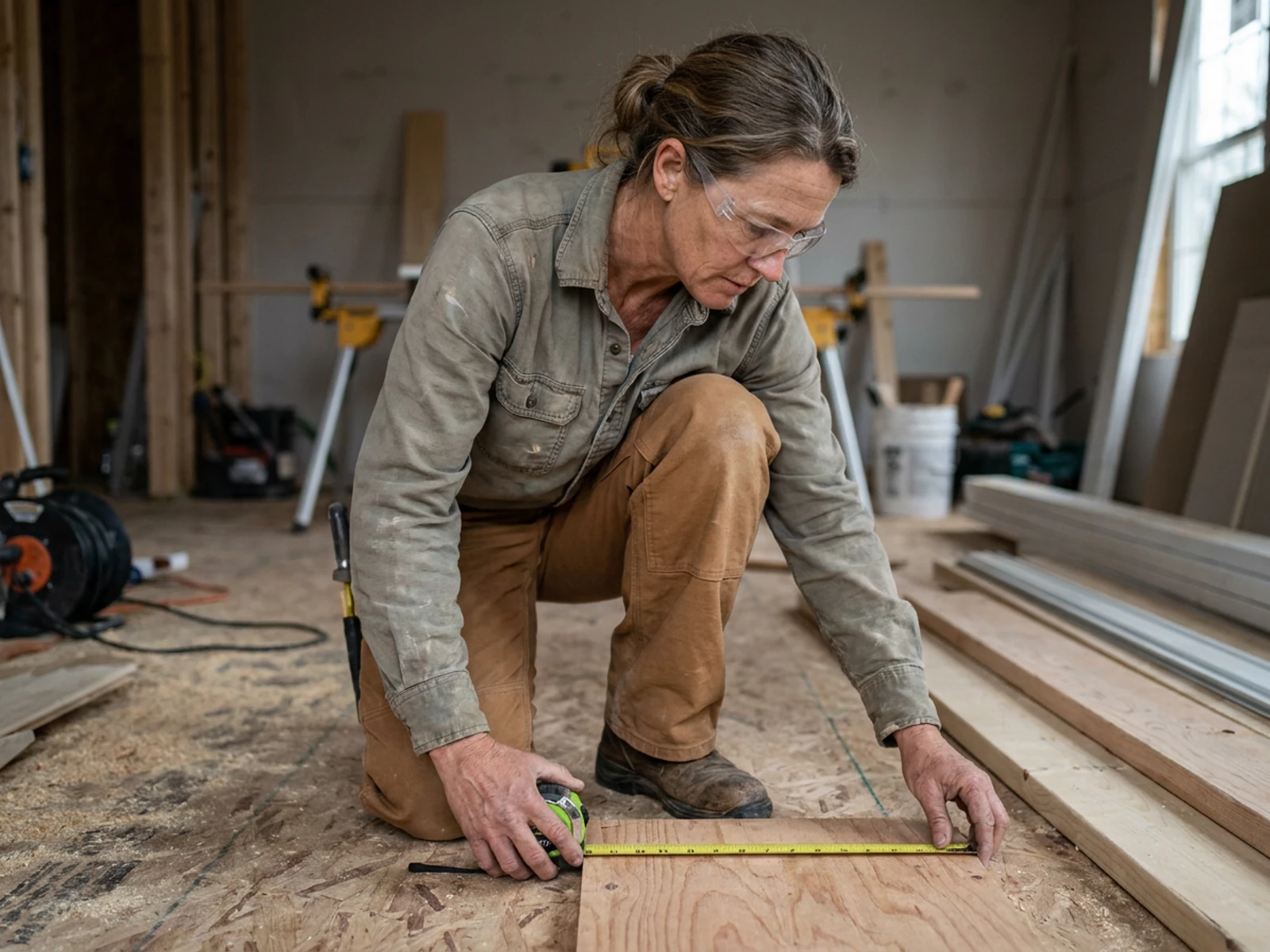 Carpenter in brown women's double-knee utility pants kneeling to measure subfloor on a job site
