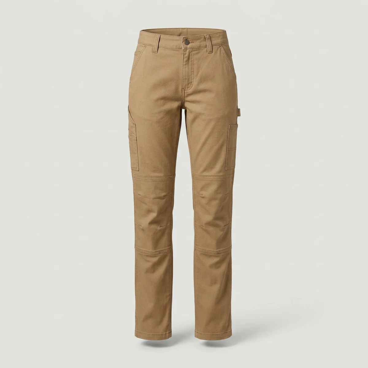 Tan women's utility work pants with reinforced knees and side tool pockets
