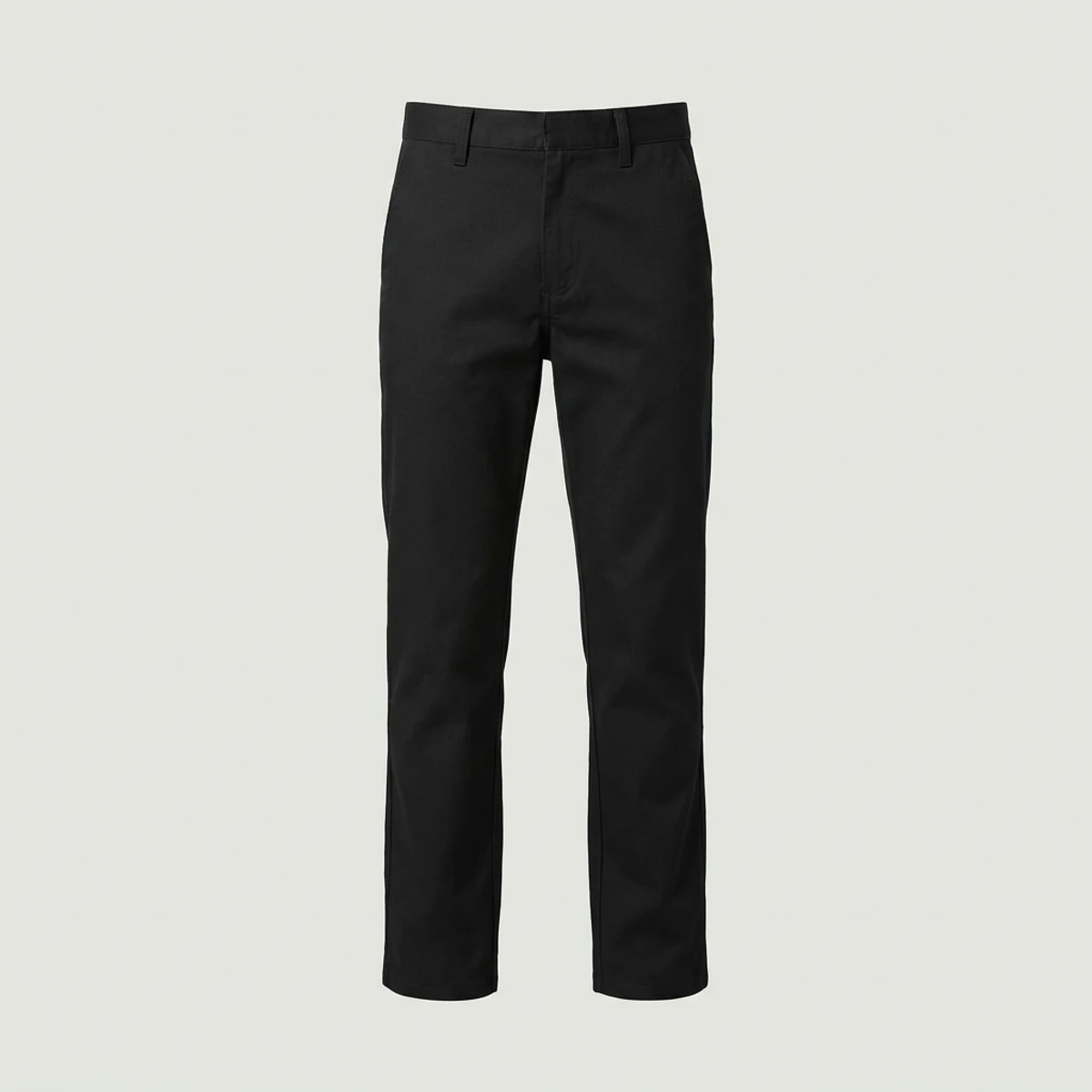 Black flat-front work pants with back welt pockets and straight leg