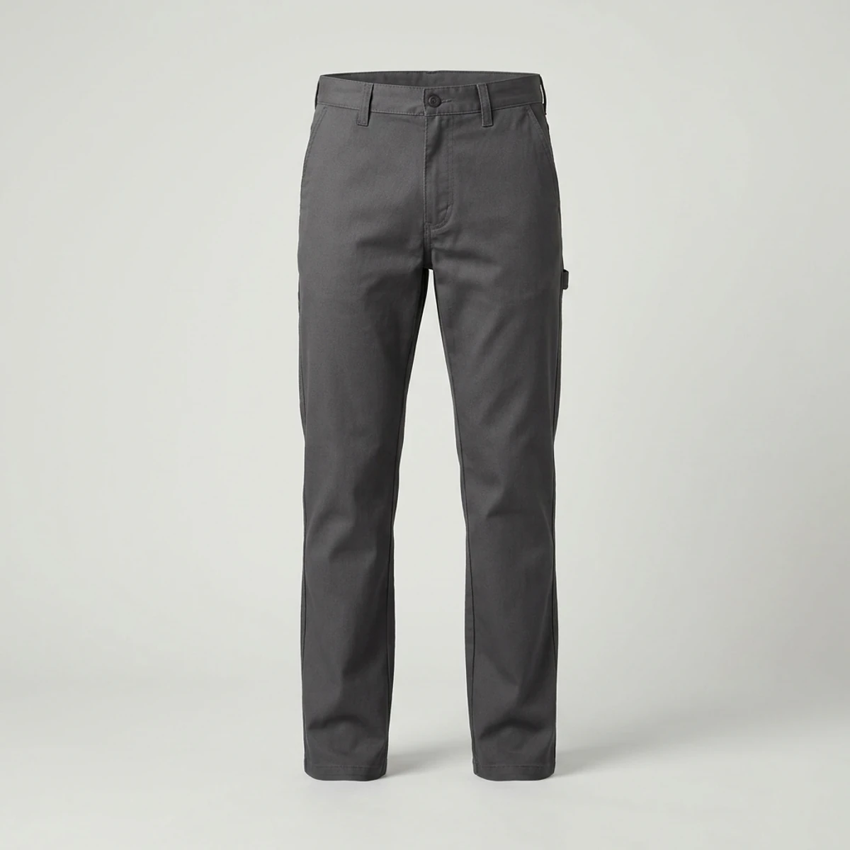 Charcoal grey flat-front work pants with cell phone pocket