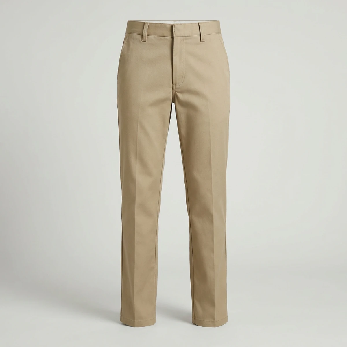 Khaki flat-front industrial work pants with hook-and-bar waist closure