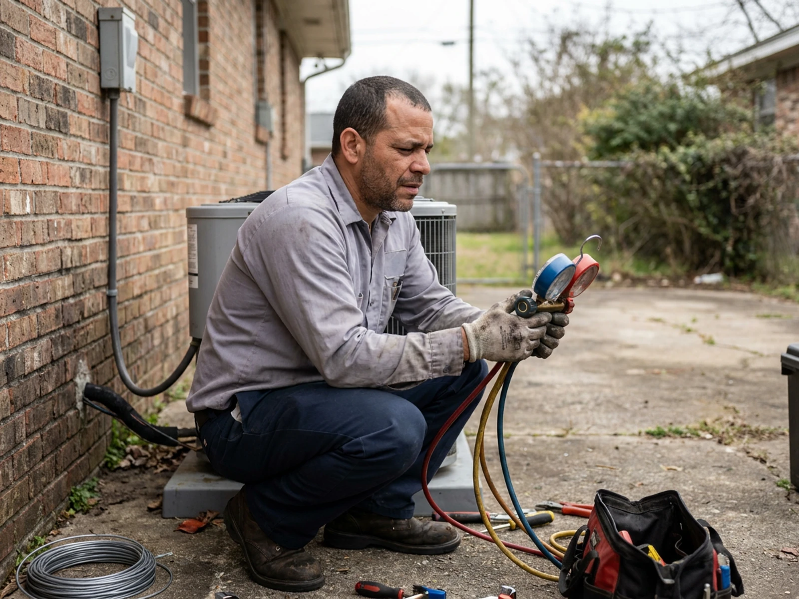 HVAC technician in navy work pants checking an outdoor air conditioning unit