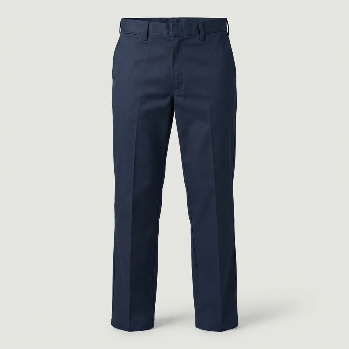 Navy flat-front industrial work pants with slant pockets and straight leg