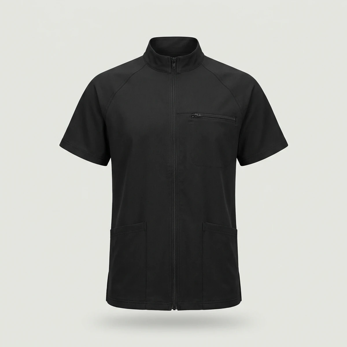 Black zip-front scrub top with stand collar and zipped chest pocket