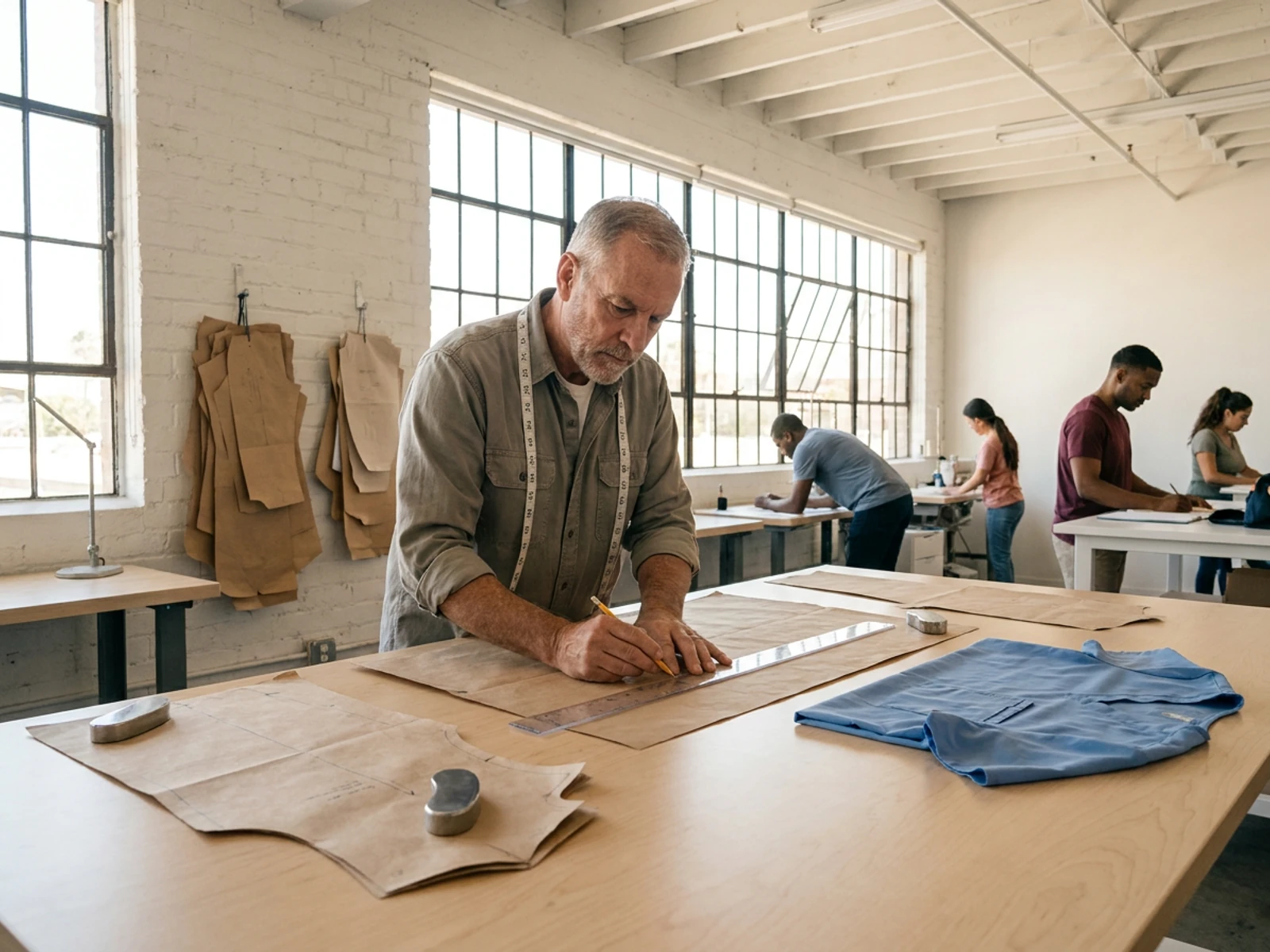 Pattern maker drafting a scrub top pattern on kraft paper beside a ceil blue sample scrub top