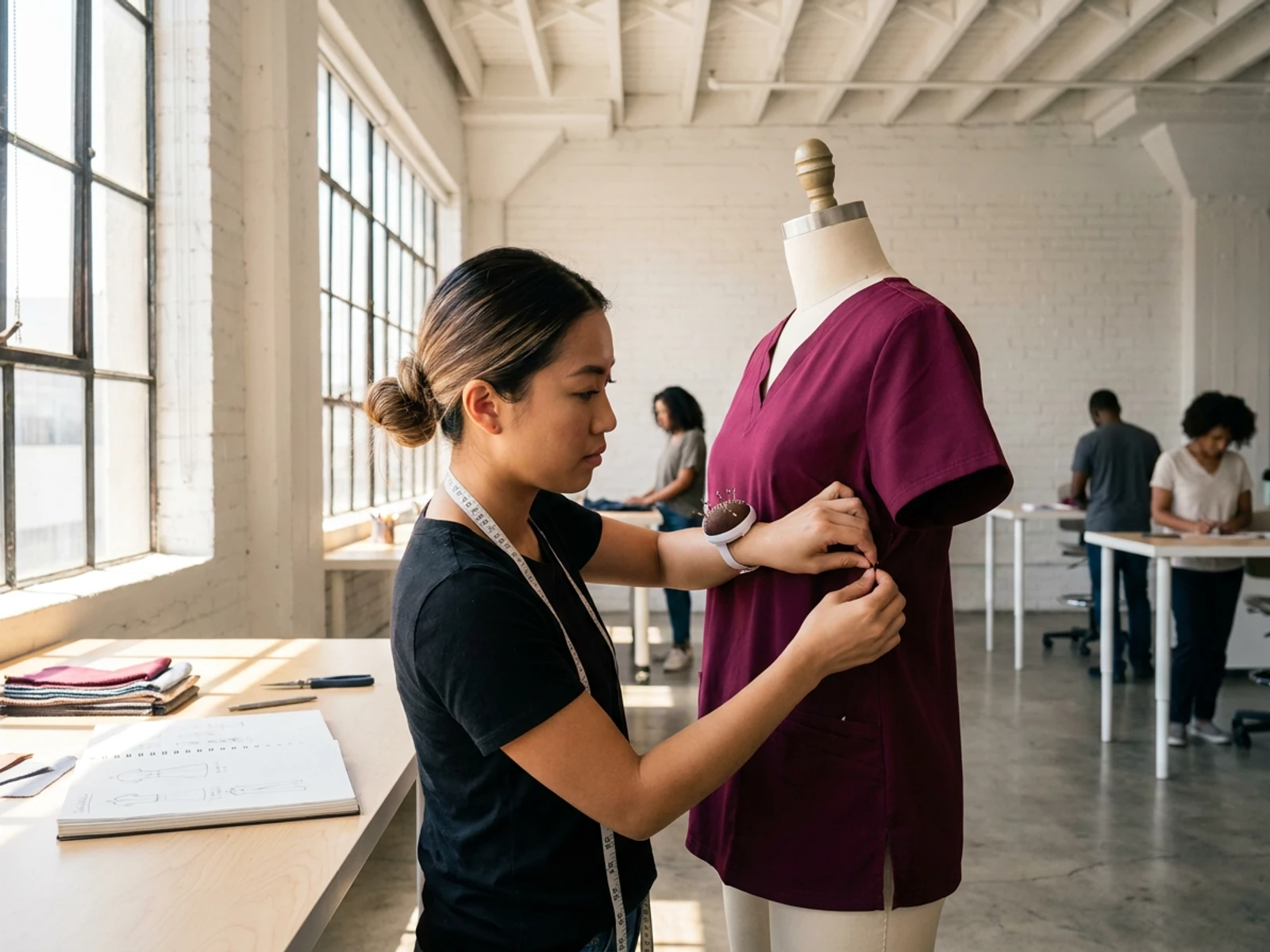 Designer pinning the side seam of a wine-colored sample scrub top on a dress form during a fit check