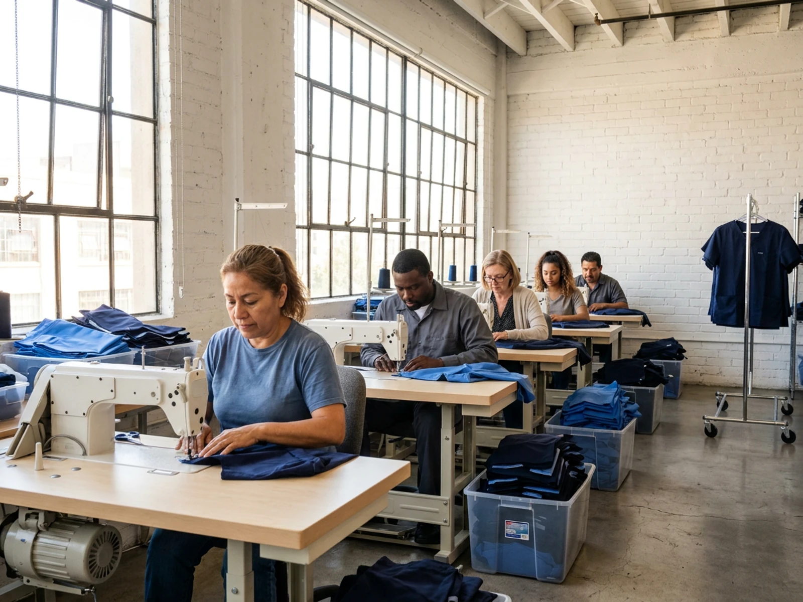 Sewing operators at work on the production floor of a garment factory