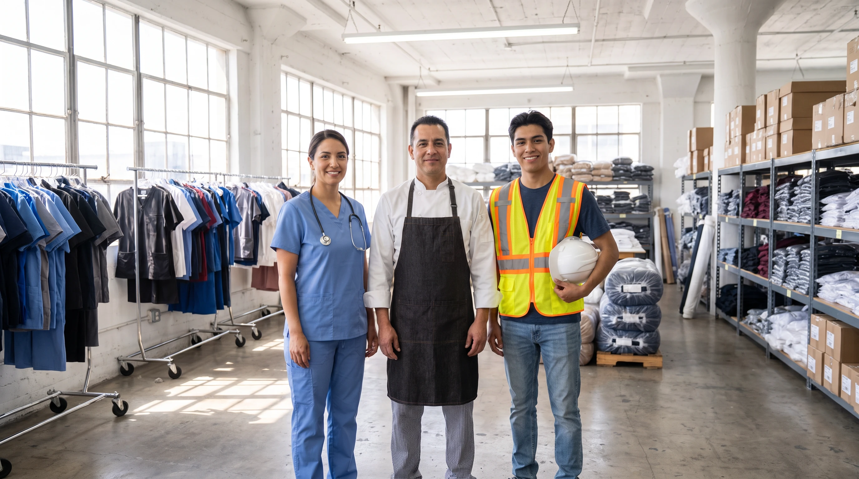 A nurse in scrubs, a chef in a chef coat and apron, and a construction worker in a hi-vis vest on a garment factory floor, wearing uniforms made for their jobs
