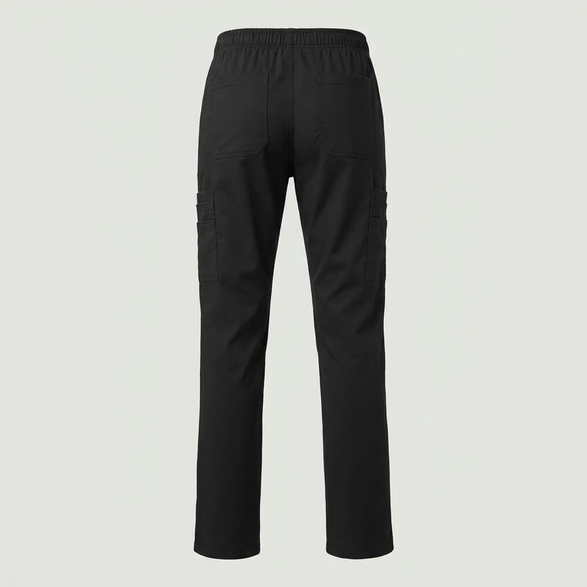 Black straight-leg cargo scrub pants with stacked thigh pockets