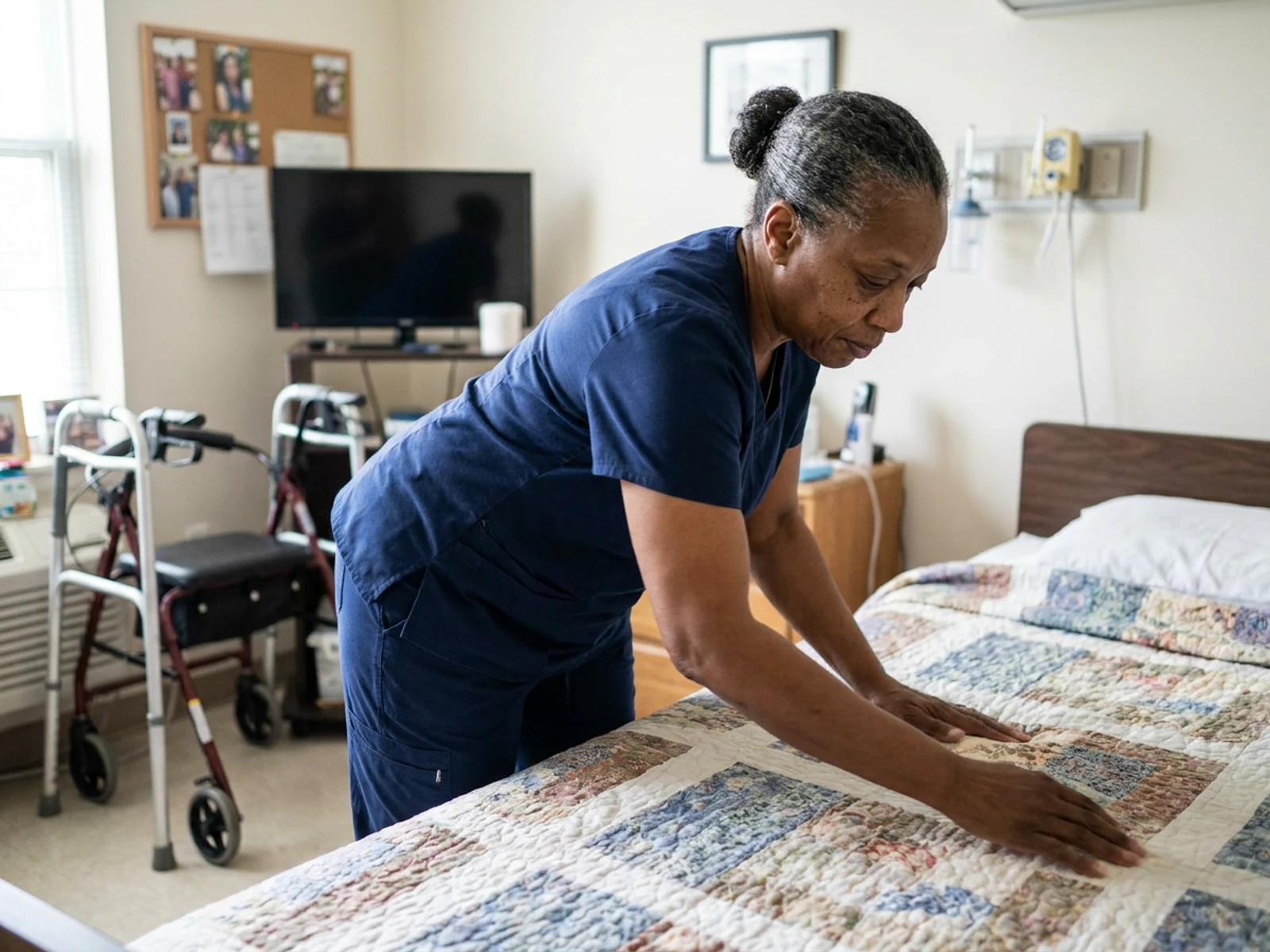 Nursing assistant in navy jogger scrub pants making a bed in a nursing home
