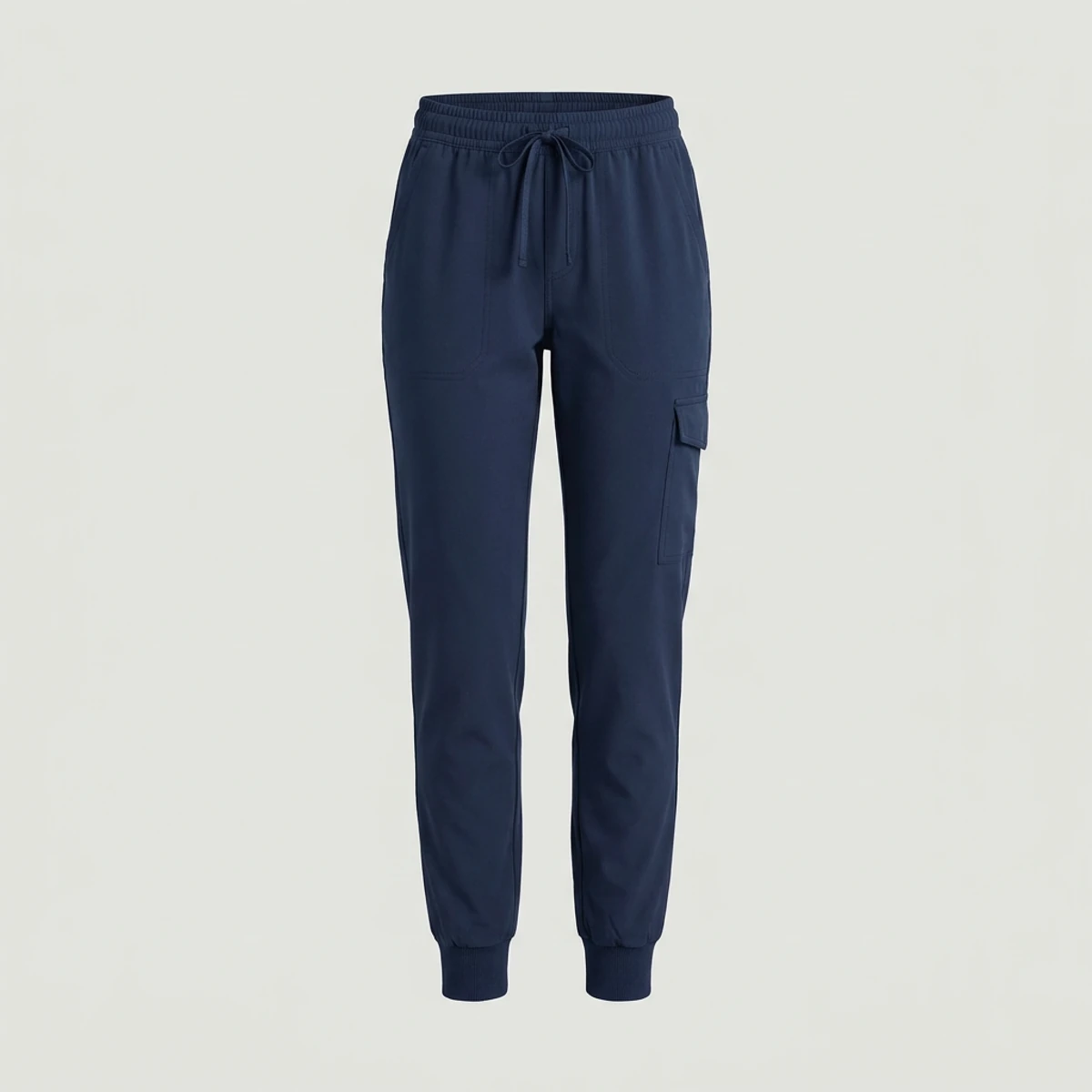 Navy jogger scrub pants with knit cuffs, drawcord waist and cargo pocket