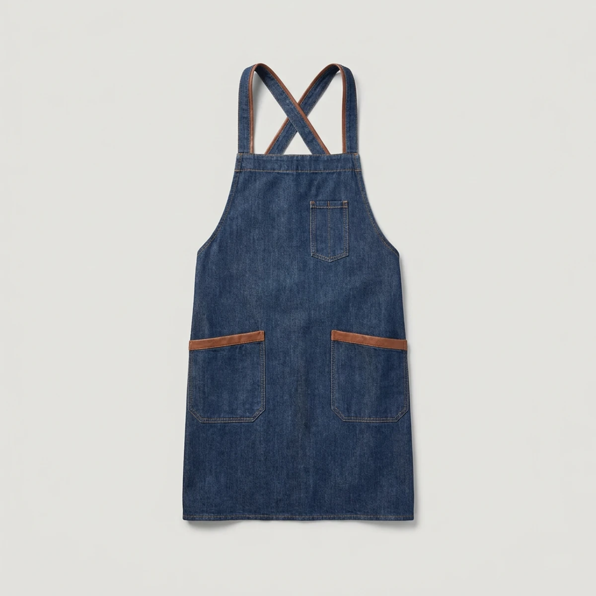 Indigo denim cross-back apron with leather-look straps and tool pockets