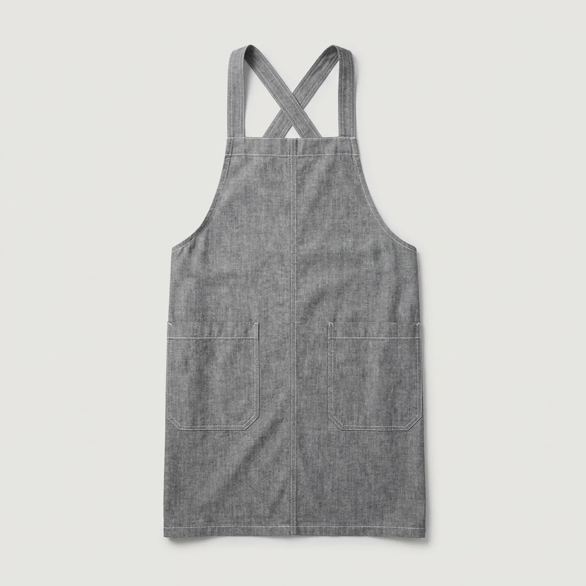 Grey chambray cross-back apron with contrast stitching and pockets