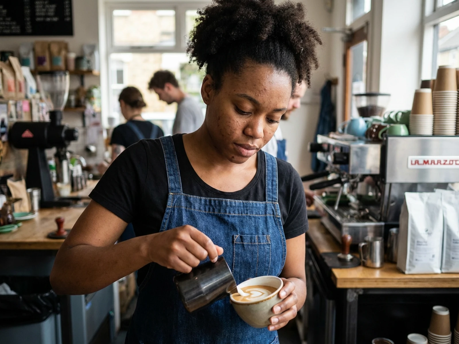Barista in an indigo denim cross-back apron pouring latte art at a coffee bar