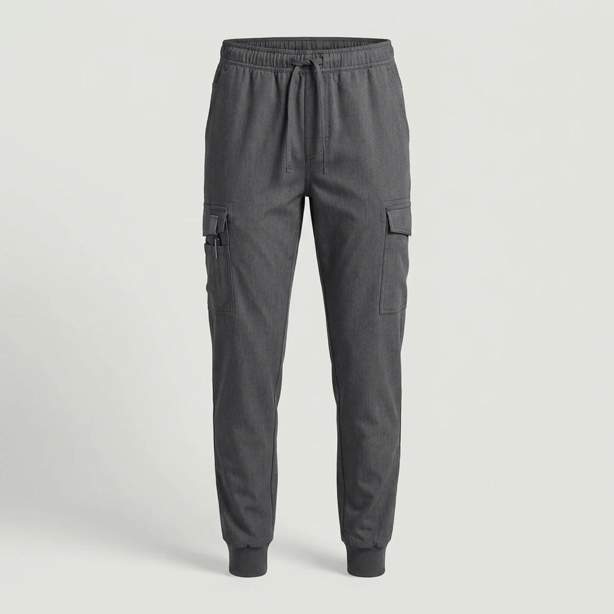 Charcoal grey cargo jogger scrub pants with knit cuffs and utility loops
