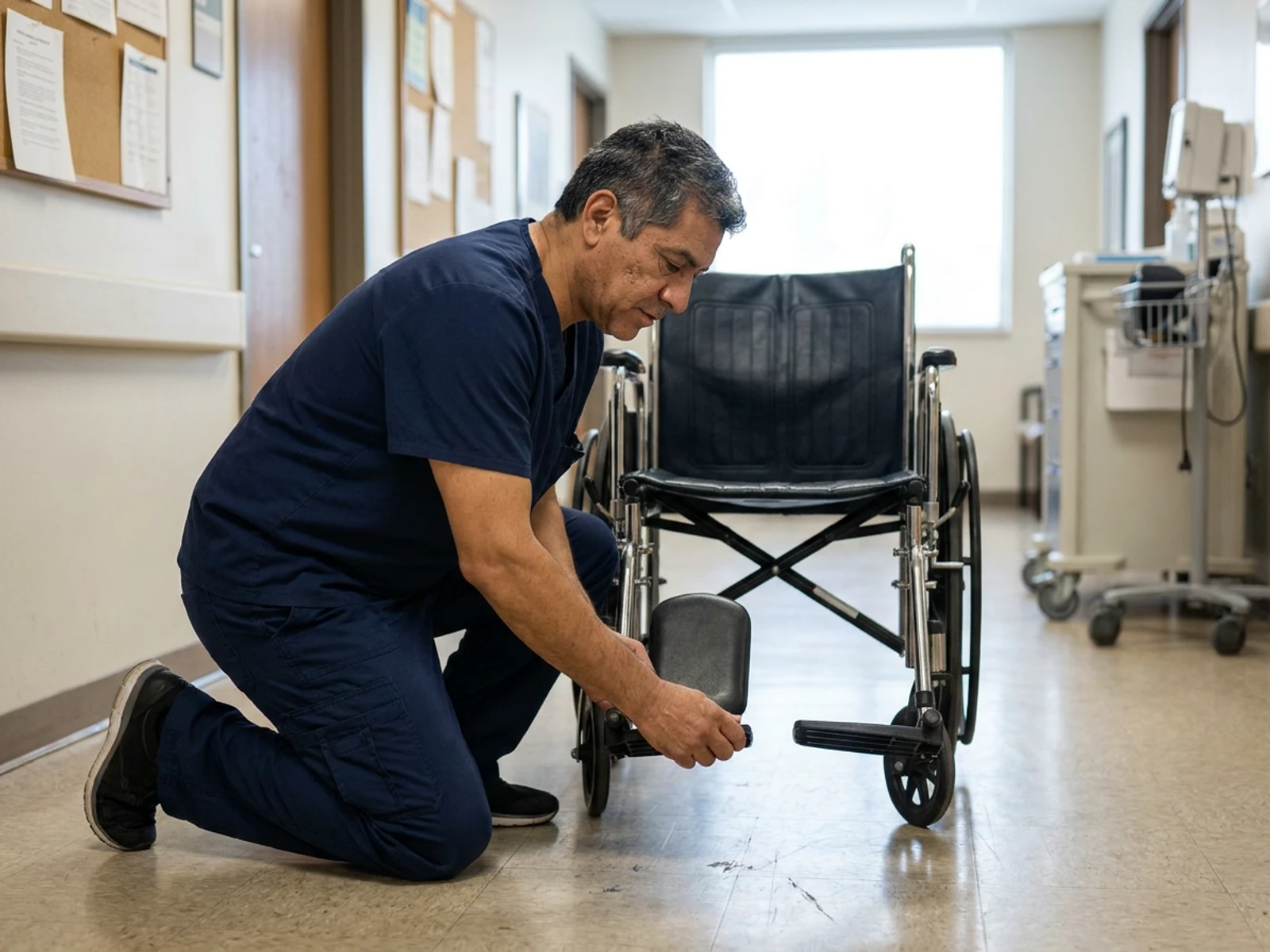 Healthcare worker in navy cargo scrub pants kneeling to check a wheelchair in a clinic
