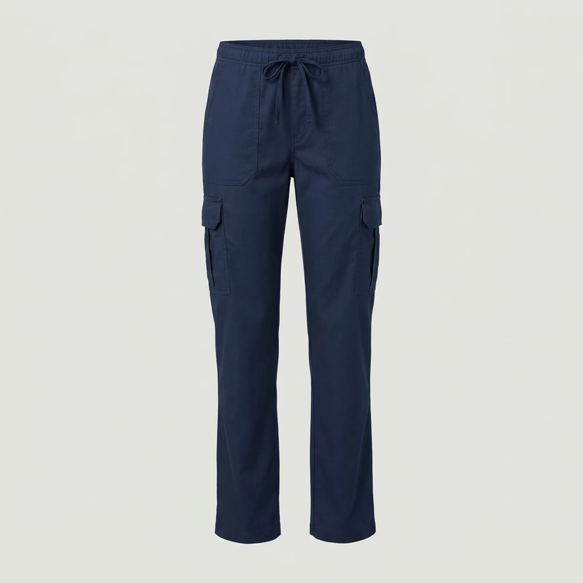 Navy cargo scrub pants with bellows thigh pockets and drawstring waist