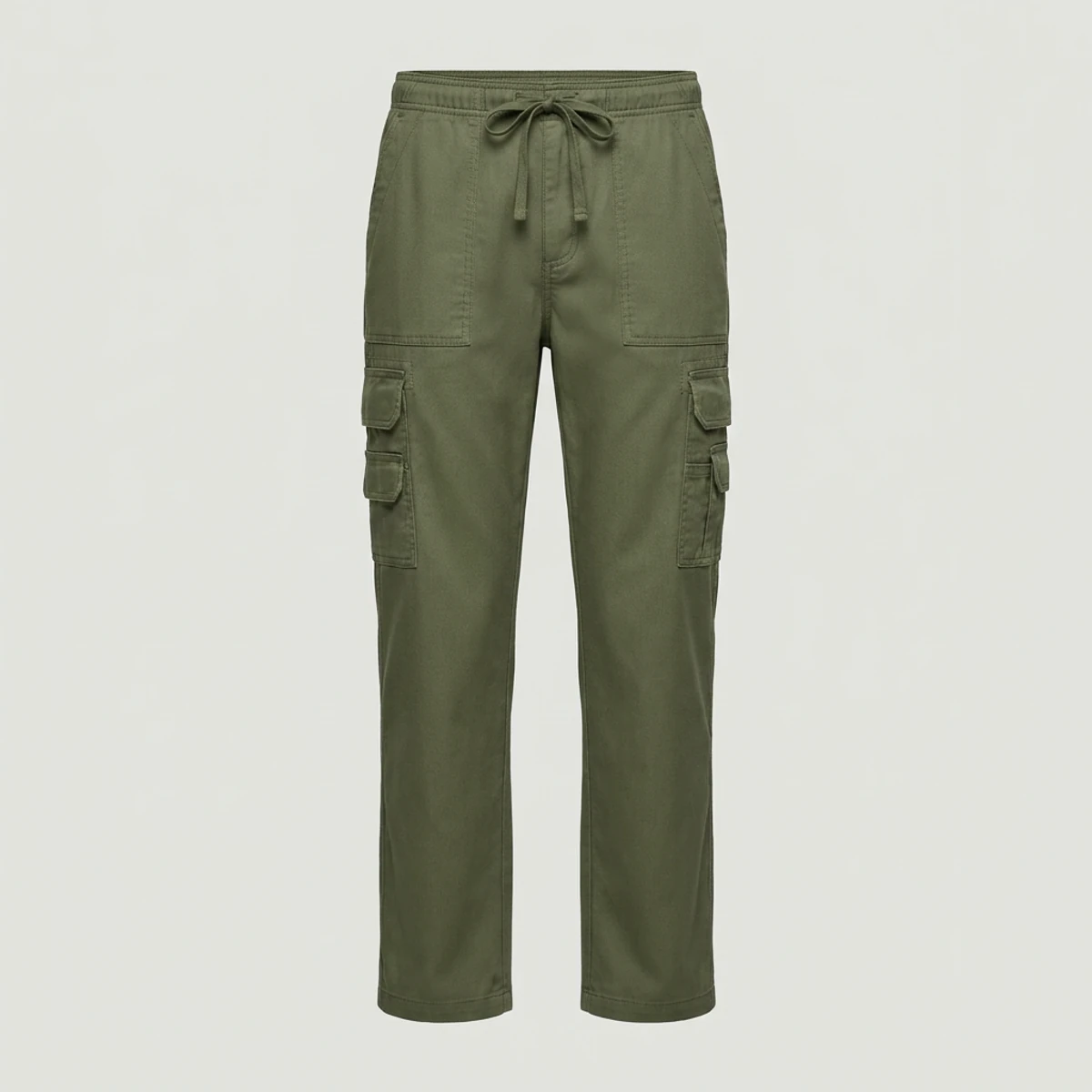 Olive green cargo scrub pants with multiple thigh pockets and straight leg