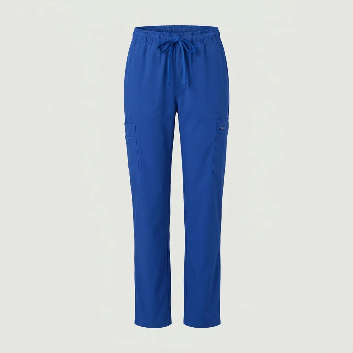 Royal blue cargo scrub pants with zip thigh pocket and back pockets