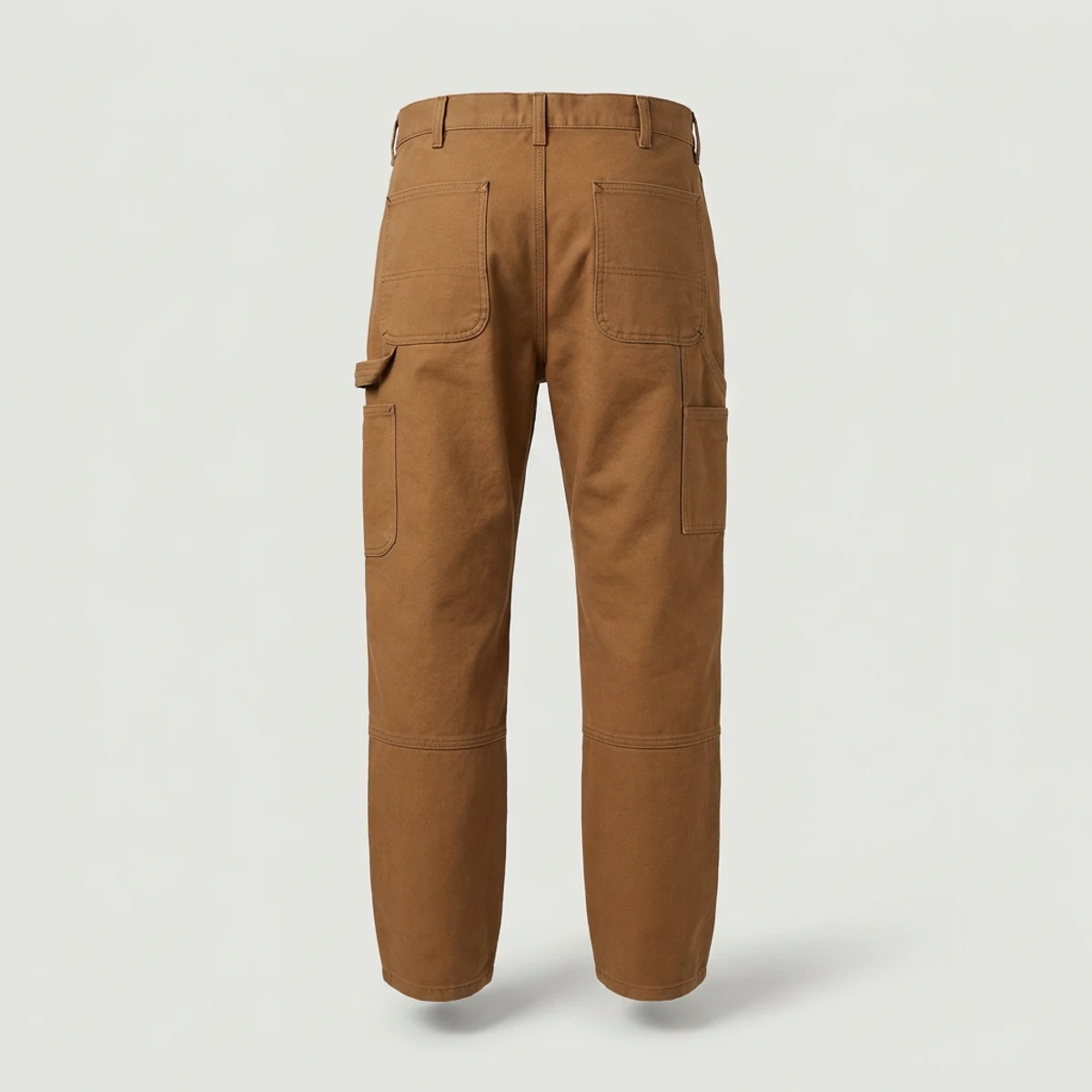 Brown duck canvas carpenter pants with double knees and utility pockets
