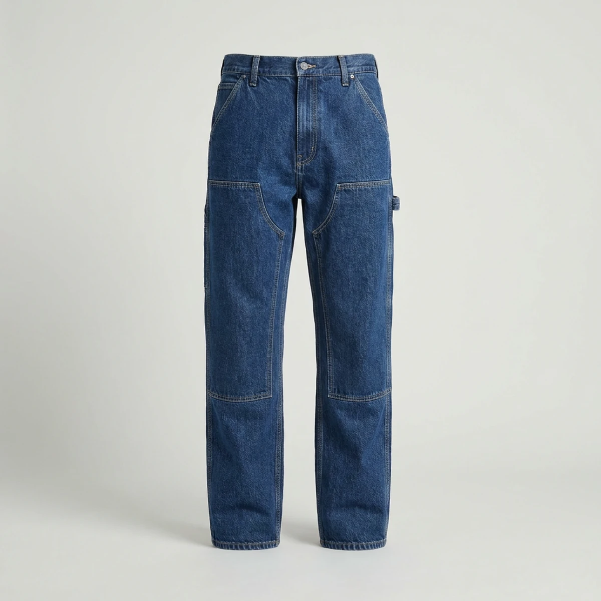 Indigo denim double-knee carpenter pants with hammer loop and rule pocket
